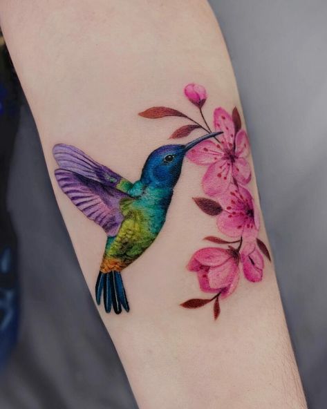 Colorful Hummingbird Tattoo, Hummingbird Tattoo Meaning, Hummingbird Flower Tattoos, Hummingbird Tattoos, Small Hummingbird Tattoo, Bird Tattoos For Women, Colorful Hummingbird, Female Tattoos, Men Tattoos