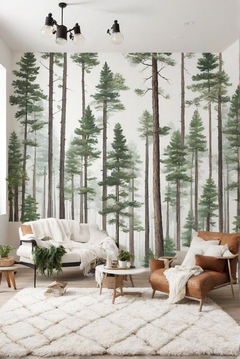 Home decor interior design, Interior bedroom design, Kitchen designs, Living room interior, Designer wall paint, Paint color match, Primer paint for walls Wall Forest Painting, Pine Tree Wall Mural, Forest Wall Mural Painted Diy, Painted Forest Wall, Painted Tree Mural, Mountain Baby Room, Forest Wall Painting, Mountain Painting Wall, Paint Forest