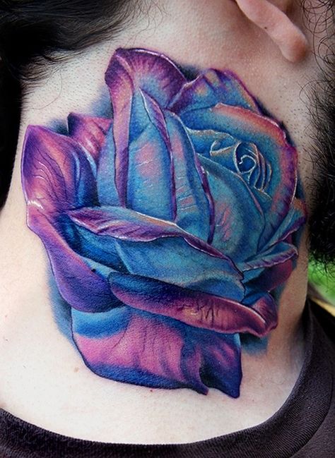 Colorful rose tattoo - looks like Lisa Frank. I this this would blend in VERY well on my back piece Colorful Rose Tattoos, Rose Neck Tattoo, Purple Rose Tattoos, Rose Tattoo Meaning, Purple Tattoos, Tattoo Spots, Blue Rose Tattoos, Wolf Tattoo Design, Rosen Tattoo