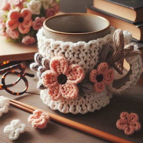 Crochet Mug Cozy, Crochet Cup Cozy, Crochet Flowers Free Pattern, Crochet Cozy, Crochet Business, Crochet Decoration, Fun Crochet Projects, Crochet Books, Crochet Flower Patterns