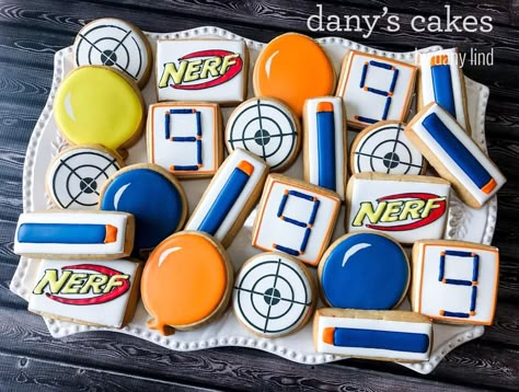 A simple Nerf set from last month, for a little guy who came home from school with a sticker from one of my cookie bags back in December.… Nerf Cookies, Nerf Cake, Nerf Birthday Party, 7th Birthday Party Ideas, Nerf Party, 9th Birthday Parties, Cookie Bags, Boys Birthday Party, 10th Birthday Parties