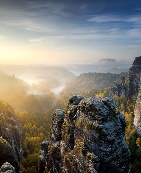 Foggy Sunrise at Bastei, Saxon Switzerland - A beautiful panoramic view of sandstone rocks during a foggy sunrise at Bastei, Saxon Switzerland, Germany. #Bastei #SaxonSwitzerland Saxon Switzerland, Foggy Sunrise, Panoramic View, Switzerland, Germany