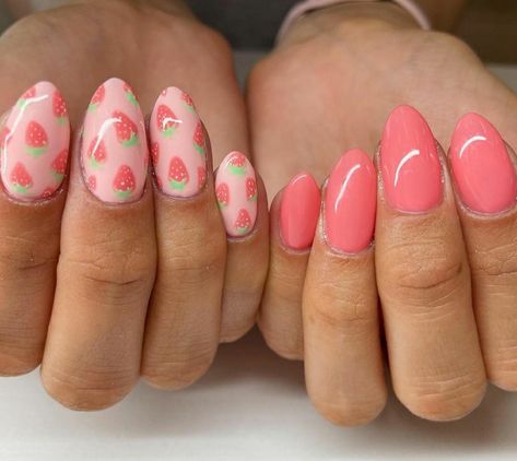 Strawberries Nails Designs, Strawberry Nail Inspiration, Spring Nails Strawberry, Summer Nails Strawberries, Spring Nails Fruit, Summer Strawberry Nails, Strawberries And Cream Nails, Pink Nails With Strawberries, Spring Fruit Nails