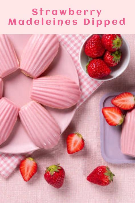 Strawberry Madeleines, Pink Brownies, Strawberry Dipped, Greek Party, Strawberry Things, Pink Treats, Pink Dessert, Madeleine Recipe, Pink Desserts