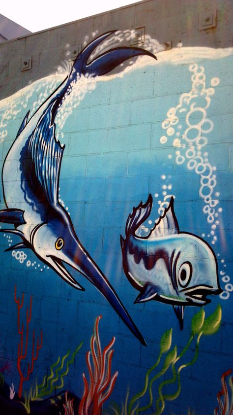 Ocean graffiti mural - Swordfish  (Bode, Eya, Toad, Peace 2010), Oakland 2013 Ocean Graffiti, Graffiti Spray Paint, Graffiti Murals, Spray Paint Art, Fish Painting, Ocean Art, My New Room, Toad, Cool Walls