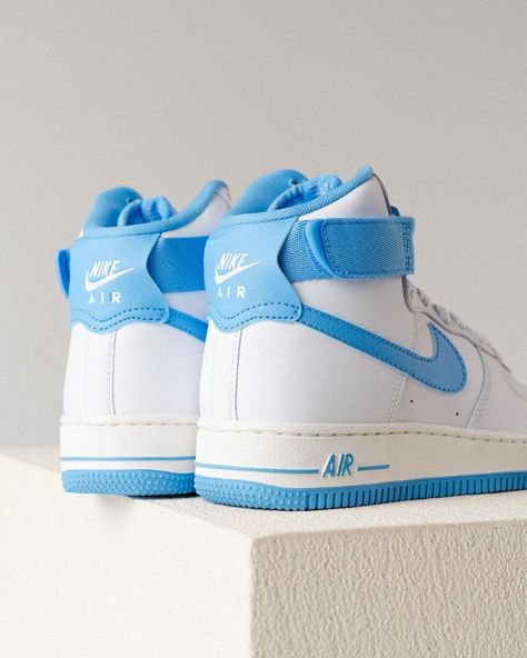 Nike Air Force 1 High OG (W) "University Blue" now available online Nike Air Force 1 High, Air Force 1 High, Sneaker Release, University Blue, Blue Sneakers, New Sneakers, Nike Air Force 1, Nike Air Force Sneaker, Air Force 1