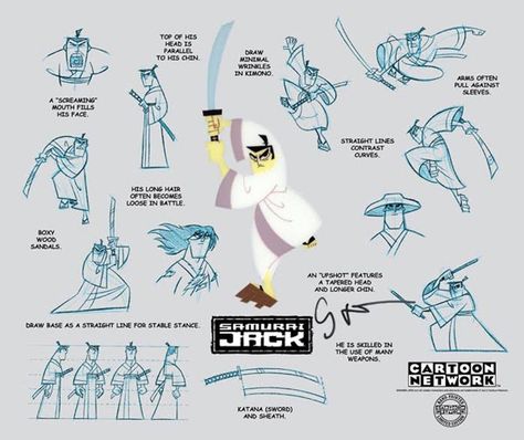 Samurai Jack – Model Sheets Exaggerated Poses, Action Cartoon, Genndy Tartakovsky, Food Plushies, Alex Toth, Animation Character, Character Model Sheet, Model Sheet, Samurai Jack