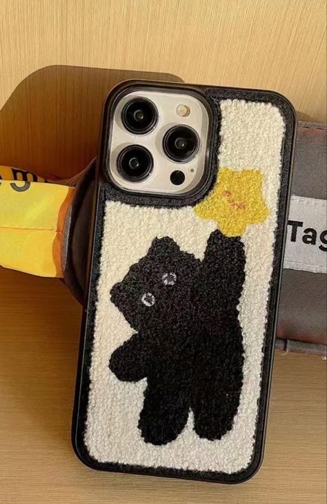 Winter Black Cartoon Plush Phone Case for iPhone 14 13 12 11 Pro Max XR Idea Lab, Winter Phone Case, Punch Needle Patterns, Needle Case, Needle Punch, Black Cartoon, Black Phone Case, Diy Phone Case, Mug Rugs