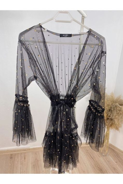 Women Black Star Short Tulle Kimono Beach Home Nightgown Sea Beach Fashion Quality Cheap Gift Accessory Clothing Tulle Kimono, Bride Kimono, Mesh Kimono, Bridesmaid Bachelorette, Kimono Beach, Cheap Gift, Beach Fashion, Beach Home, Cover Ups