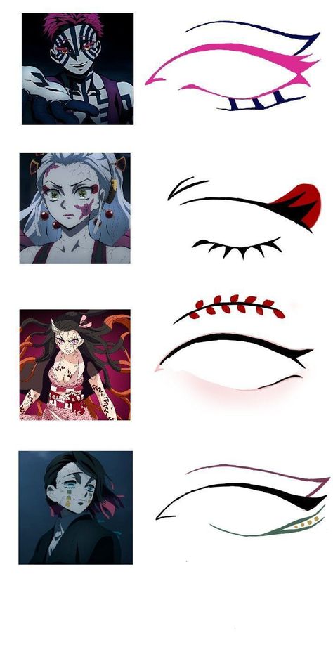 Demon Slayer Hair Styles Ideas, Demon Slayer Eyeliner, Anime Eyeliner Ideas, Anime Inspired Eyeliner, Anime Eyeliner Styles, Demon Slayer Make Up, Anime Inspired Makeup Looks, Simple Anime Nail Ideas, Demon Slayer Hair Styles Drawing