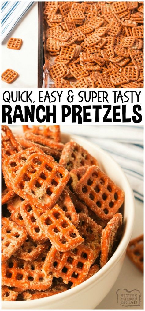 Easy Ranch Pretzels made with just a few ingredients and so insanely delicious, everyone asks for this recipe! Simple appetizer to make and perfect for game day, a party or any get-together! #ranch #pretzels #snacks #food #appetizers #recipe from BUTTER WITH A SIDE OF BREAD Ranch Pretzels, Seasoned Pretzels, Simple Appetizer, Pretzel Snacks, Healthy Superbowl Snacks, Appetizers For Kids, Pretzels Recipe, Food Appetizers, Recipe Simple