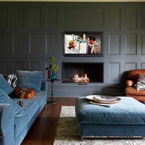 Grey panelled family room | Living room decorating | Livingetc | Housetohome Linear Fireplace, Smart Tiles, Rooms Ideas, Family Room Design, Living Room Tv, Front Room, A Living Room, A Fire, Cheap Home Decor