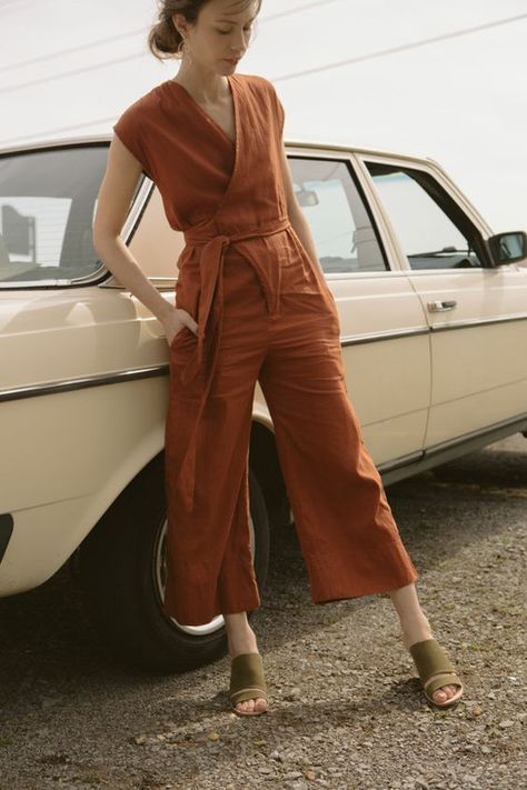 Orange Jumpsuit, Rusty Orange, Wrap Jumpsuit, Linen Jumpsuit, Long Sleeve Jumpsuit, Neck Wrap, Mode Inspiration, Look Fashion, Spring Summer Fashion