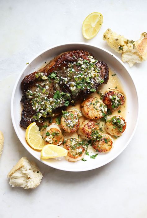 Surf And Turf Christmas Dinner, Surf And Turf Date Night Dinner, Surf And Turf Scallops, Fancy Surf And Turf Dinner, Surf And Turf Shrimp, Fine Dining Surf And Turf, Surf N Turf Recipes, Surf And Turf, Beef Strips