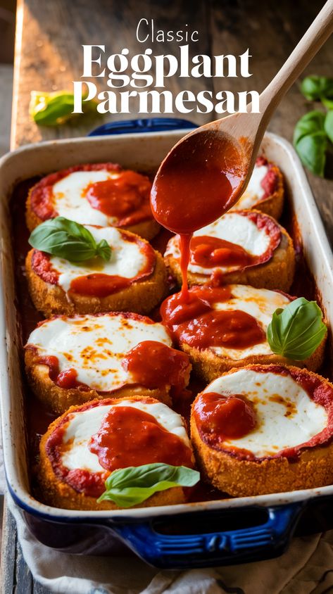 Overhead view of breaded eggplant layers in ceramic dish with marinara, mozzarella, basil on wooden table. Eggplant Preparation, Crispy Eggplant, Eggplant Parmigiana, Vegetarian Protein Sources, Vegetarian Comfort Food, Yum Yum Sauce, Healthier Alternatives, Vegetarian Protein, Poached Chicken