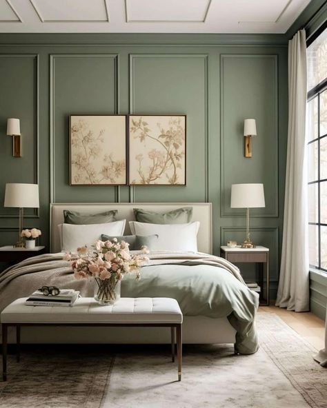 NEW BLOG POST - How to use sage green in your bedroom 💚💚 I talk a lot about the color sage green on my blog and there’s a reason for this. This beautiful shade is a soothing and contemporary hue that is versatile, and tranquil and works well with so many colors. If you are struggling to find the right color palette, a sage green bedroom is the perfect place to start. This soft, muted green hue is not just a trend; it helps promote relaxation and relieve us of our daily stresses. #sagegree... Pale Green Room Aesthetic, Sage Gold Bedroom, Sage Guest Room, Light Sage Room, Olive Bedroom Walls, Pale Green Bedroom Ideas, Green Neutral Bedroom, Cream And Green Bedroom, Bedroom Inspo Green