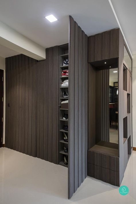 Renovation Journey: Home Retreat | Qanvast Hidden Shoe Cabinet Entryway, Foyer With Shoe Cabinet, Shoe Cabinet Design Entrance, Entrance Cabinet Design, Shoes Cabinet Design Entrance Entryway, Foyer Storage Ideas, Wardrobe Makeover Ideas, Hidden Shoe Cabinet, Classic Entryway