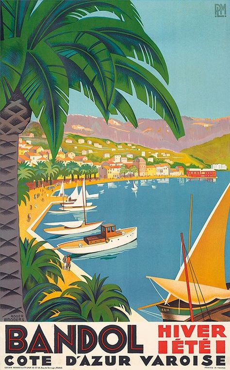 Bandol (1932), Roger Broders Bandol France, Art Deco Travel Posters, Vintage Films, Tourism Poster, Travel Ads, Gold Poster, Bridgetown, Travel Postcard, Retro Travel Poster