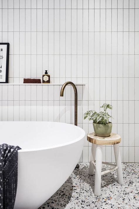 Terrazzo tiles stealing the show of this bathroom - Completehome Terrazzo Tile Bathroom, Terrazzo Bathroom Design, Faucet Strommen, Bathroom Terrazzo, Tiles Terrazzo, Cleaning White Walls, Terrazzo Bathroom, Subway Tiles Bathroom, Bathroom Ensuite