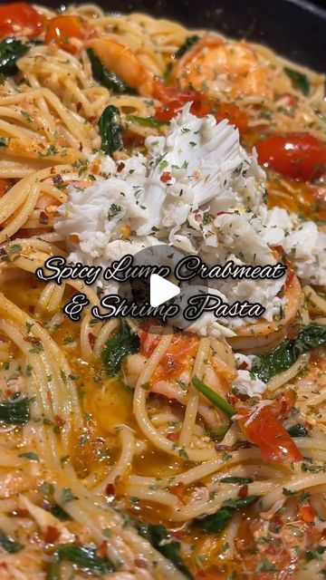 Spicy Lump Crab And Shrimp Pasta, Lobster And Shrimp Pasta, Crab And Shrimp Pasta, Shrimp And Crab Pasta, Lump Crab Recipes, Pasta Casserole Dishes, Crab Spaghetti, Seafood Spaghetti, Spinach Tomato Pasta