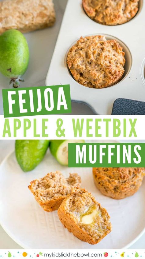 Feijoa Apple and Weetbix Muffins, an easy low sugar muffin recipe perfect for kids using feijoa and weetbix or weetabix #muffins #weetbix #weetabix #kidsfood #babyledweaning Low Kilojoule Meals, Weetabix Muffins Recipes, Fejoa Crumble Recipes, Feijoa Recipes, Fejoa Recipes Chutney, Feijoa Muffins, Feijoa Chutney, Fejoa Recipes, Low Sugar Muffins