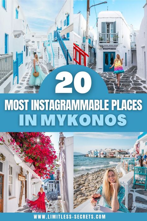 Discover here a wide list of 20 most instagrammable Discover here a wide list of 20 most instagrammable places in Mykonos with their exact location! Mykonos in the Cyclades is one of the most famous Greek Islands. It’s very popular for its nightlife and its good vibes. But it’s also very photogenic and it’s full of picturesque spots! 
If you are wondering what are the best places to visit in Mykonos, this travel guide will also help you! Enjoy all the best Instagram photo spots in Mykonos! Mykonos Photo Ideas, Dana Berez, Grecia Santorini, Greece Photography, Mykonos Town, Instagram Locations, Best Instagram Photos, Greece Travel Guide, Greece Vacation