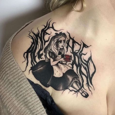 Spooky Alice In Wonderland Tattoo, Alice In Wonderland Horror Tattoo, Trash Polka Alice In Wonderland Tattoo, Goth Alice In Wonderland Tattoo, Dark Alice In Wonderland Tattoo Ideas, Alice Alice In Wonderland, White Rabbit Tattoo, Alice In Wonderland Tattoo, Tim Burton Tattoo