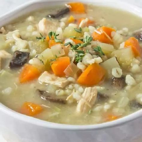 Homemade Chicken Barley Soup Recipe | Magic Skillet Chicken Barley Soup Recipe, Slow Cooker Chicken Mushroom, Chicken Barley, Chicken Barley Soup, Barley Soup Recipe, Slow Cooker Chicken Stew, Barley Soup, Grilling Chicken Breast, Crock Pot Soup