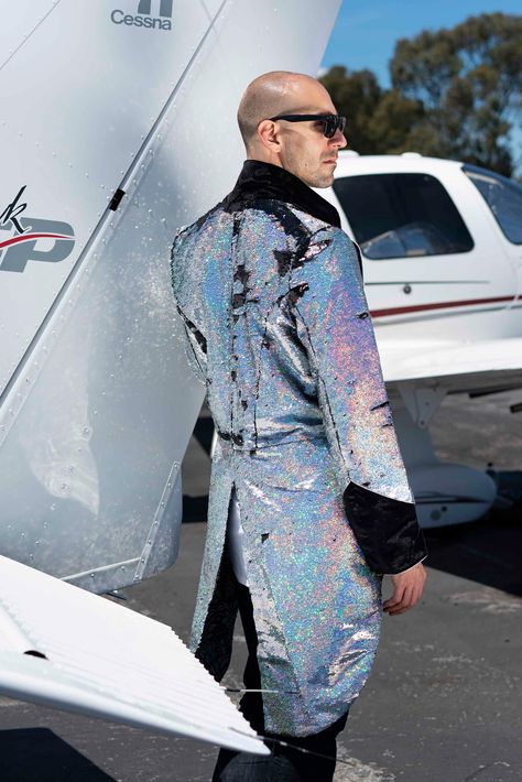 Ringmaster Jacket, Cool Tuxedos, Tuxedo With Tails, Silver Blazer, Sparkly Outfits, Burning Man Costume, Prom Inspo, Holography, Festival Jacket