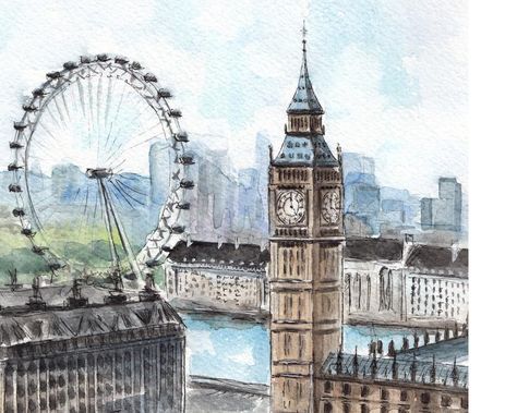 London Painting Aesthetic, London Cityscape Drawing, London Watercolor Illustration, London Sketch Draw, London Aesthetic Drawing, London Watercolor Paintings, London Eye Drawing, London Art Drawing, Big Ben Tattoo