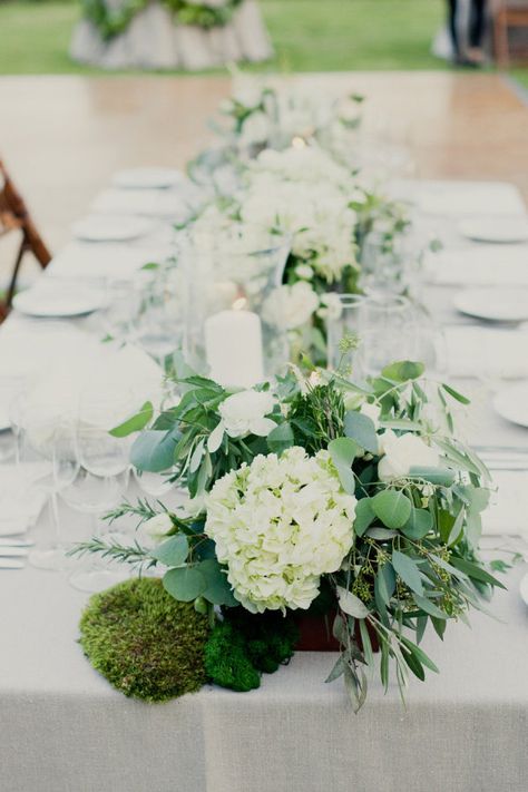 hydrangea mixed with earthy greens  Photography by onelove-photo.com, Coordination, Floral   Event Design by stephaniegrace.com Eucalyptus Wedding Centerpiece, Reception Table Design, Greenery Wedding Centerpieces, Decor Color Schemes, Floral Event Design, Table Runners Wedding, Eucalyptus Wedding, Wedding Linens, Greenery Wedding