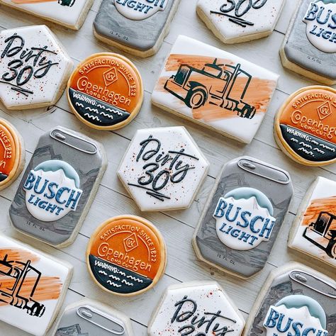 Busch Light Birthday Party, Busch Light Cookies, Busch Light Themed Party, 30th Birthday Men Cake, Brewery Birthday Party Ideas, 30th Birthday Cakes For Men, Super Bowl Cookies, 65 Birthday, Cheers Friends