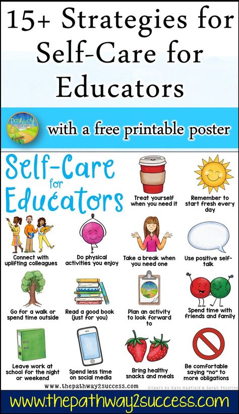 Strategies for self-care for teachers and other educational support staff. Teaching is tough! It's important to put mental, physical, and emotional health first. Use these strategies to help focus on yourself. It comes with a free printable poster as a self-care reminder. Expectations For Teachers, Staff Mindfulness Activities, Educator Self Care, School Staff Wellbeing Board, Teacher Support Ideas, Wellness For Teachers, Teacher Self Care Quotes, Self Care For Teachers, Staff Wellness Ideas Teachers