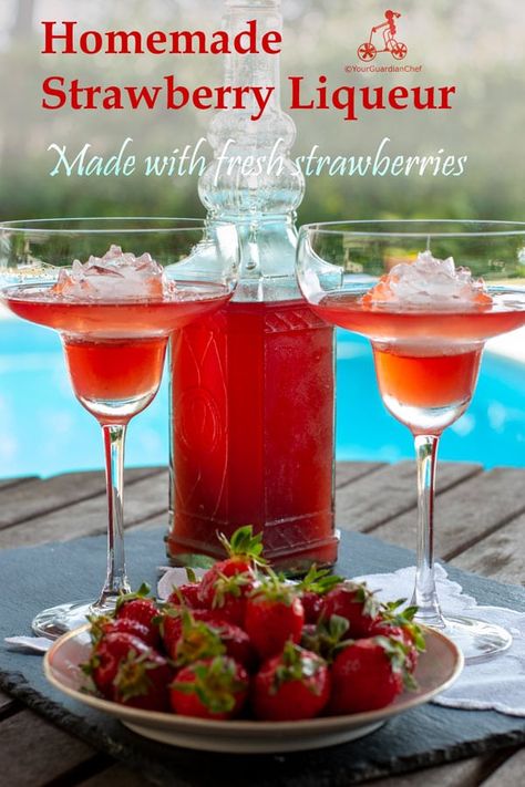 Strawberry liqueur is a necessary addition to a homemade liqueur assortment, it adds color and flavor to cocktails and punches or it is simply served cold with a drop of lemon. Like all homemade liqueurs, it makes a perfect edible gift.  Try this delicious gift idea.  #recipe #liqueur #homemade #strawberry #giftideas Italian Limoncello Recipe, Homemade Liqueur, Homemade Liqueur Recipes, Strawberry Liqueur, Limoncello Recipe, Homemade Liquor, Liquor Recipes, Sunday Dinners, Hearty Dinner Recipes