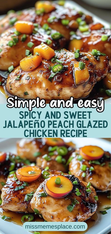 Elevate your summer grilling with this Spicy and Sweet Jalapeño Peach Glazed Chicken Recipe! Tender chicken breasts are coated in a vibrant glaze that perfectly balances the heat of fresh jalapeños and the juicy sweetness of ripe peaches. Ideal for backyard barbecues or cozy family dinners, this dish is simple to prepare yet impressive enough to wow your guests. With a burst of flavor in every bite, your taste buds will be dancing! Chicken Peach Recipes, Peach Glazed Chicken, Chicken Gourmet Recipes, Not Boring Chicken Recipes, Jalapeño Peach Chicken, Peach Chicken Recipes, Chicken And Peaches Recipe, Chicken Desserts, Recipe With Peaches