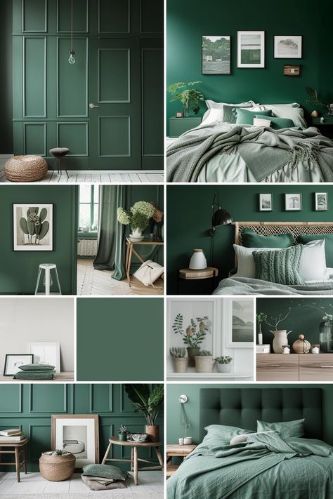 25 Inspiring Dark Green Bedroom Ideas for a Refreshing Change Dark Green Color Scheme, Green Upholstered Bed, Dark Green Bedroom Ideas, Green Room Ideas Bedroom, Green Room Colors, Dark Green Bedroom, Emerald Green Bedrooms, Dark Green Rooms, Green Bedroom Ideas