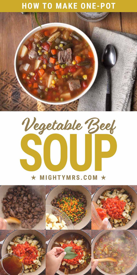 One-Pot Vegetable Beef Soup Stew Meat Soup Recipes, Vegetable Broth Soup Recipes, Beef Broth Soup Recipes, Vegetable Broth Soup, Old Fashioned Vegetable Beef Soup, Soup With Beef Broth, Beef Vegetable Soup, Homemade Tomato Soup Recipe, Soup Beef