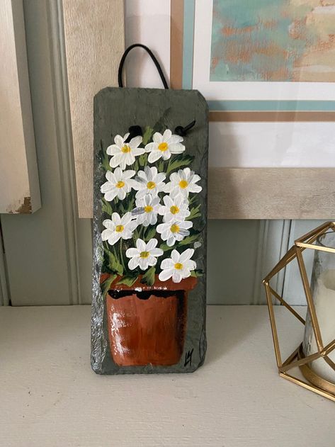 Painted Pavers, Gift For Hostess, Painted Daisy, Slate Art, Spring Porch Decor, Slate Wall, Painted Slate, Brick Art, Slate Signs