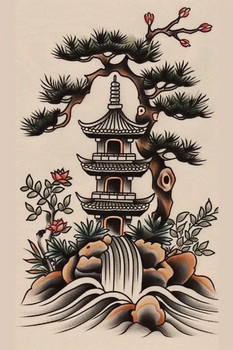 Tattoo idea: tattoo sketch A tranquil Japanese garden with a Wester 10 Bonsai Back Tattoo, Japanese Bonsai Tree Tattoo, Japanese Maple Tree Tattoo, Japanese Garden Tattoo, 5150 Tattoo, Japanese Sketch, Japanese Temple Tattoo, Bonsai Tattoo, Maple Tree Tattoos