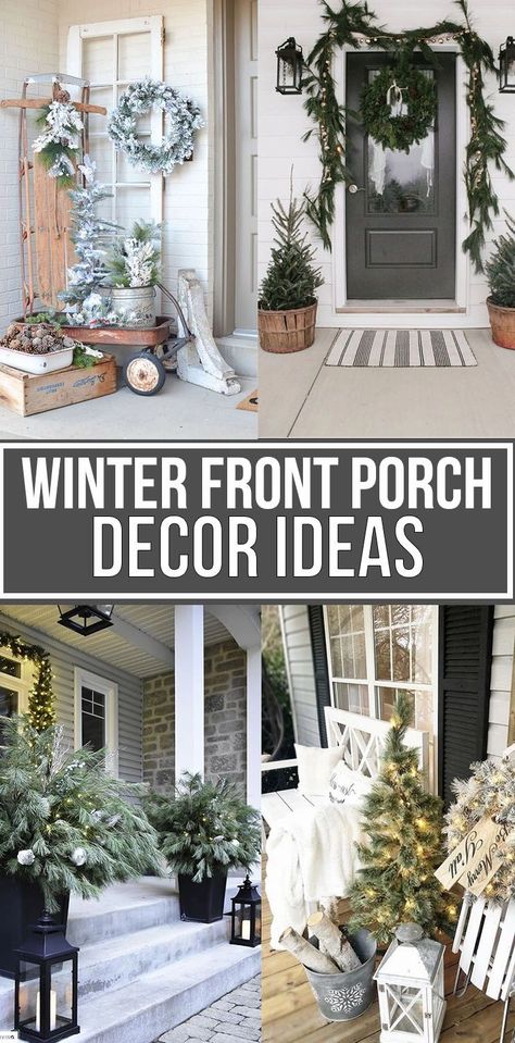 Winter Entrance Decor, January Front Porch Ideas, January Porch Decorations, Rustic Winter Porch Decor, Winter Door Decorations For Home, January Front Door Decor, January Porch Decor, January Front Porch Decor, Small Front Door Decor Entrance