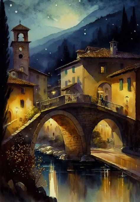 In the Cool of the Night - isaack art studio Town At Night, Italian Town, Beach Sunset Wallpaper, Urban Painting, Arabian Art, Landscape Sketch, Watercolor Architecture, Beautiful Illustration, Canvas Painting Landscape