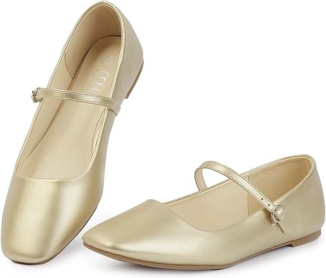 Amazon.com | MUSSHOE Womens Ballet Mary Jane Flats Shoes Adjustable Strap Comfortable Square Closed Toe Versatile Chic Footwear with Latex Insole Gold Size 10 | Flats Chic Footwear, Mary Jane Shoes Flat, Mary Jane Flats, Flats Shoes, Mary Janes, Adjustable Straps, Ballet, Size 10, Square