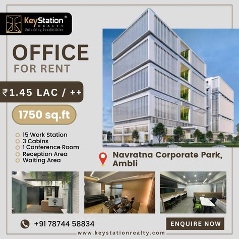 Office For Rent || 📍 Location : Navratna Corporate Park, Ambli Area :- 1750 Sq. Ft Rent :- 1.45 LAC / ++ Workstations :- 15 Cabins :- 3 Conference Room :- 1 Reception Area Available Waiting Area For More Details Contact NO. +91 7874458834 Office Relocation, Reception Area, Waiting Area, Property For Rent, Reception Areas, Relocation, Office Building, For Rent, Conference Room