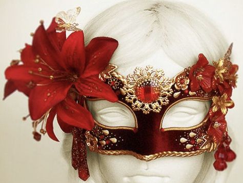 Red And Gold Mask Masquerade, Red And White Masquerade Mask, Red And Gold Masquerade Dress, Types Of Masks Masquerade, Dark Red Masquerade Mask, Rose Themed Outfit, Red Mask Aesthetic, Red Masquerade Outfit, Antifaz Aesthetic