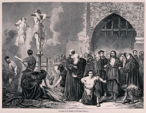 An auto-da-fé of the Spanish Inquisition: the burning of heretics in a market place. Wood engraving by H.D. Linton after Bocourt after T. Robert-Fleury. | Wellcome Collection Spanish Inquisition, The Inquisition, Leigh Bardugo, Medieval Times, Socrates, Wood Engraving, Martin Luther, Vincent Van Gogh, Gifts In A Mug