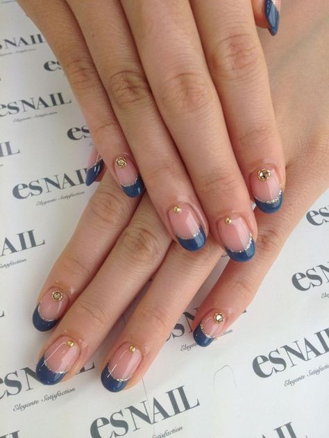 Nail Designs Navy Blue French Tips, French Manicure Designs Navy Blue, Blue And Gold French Nails, French Manicure Blue Tips, Navy Blue And Gold French Tip Nails, Navy Manicure, Navy French Tip Nails, Blue Tip Nails, Blue French Manicure