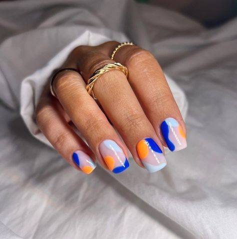 Blue And Orange Nails Designs, Cute Blue Nail Designs, Royal Blue And Orange, Orange Nail Art, Trendy Manicure, Sheer Nails, Royal Blue Nails, Orange Nail Designs, Orange Nail