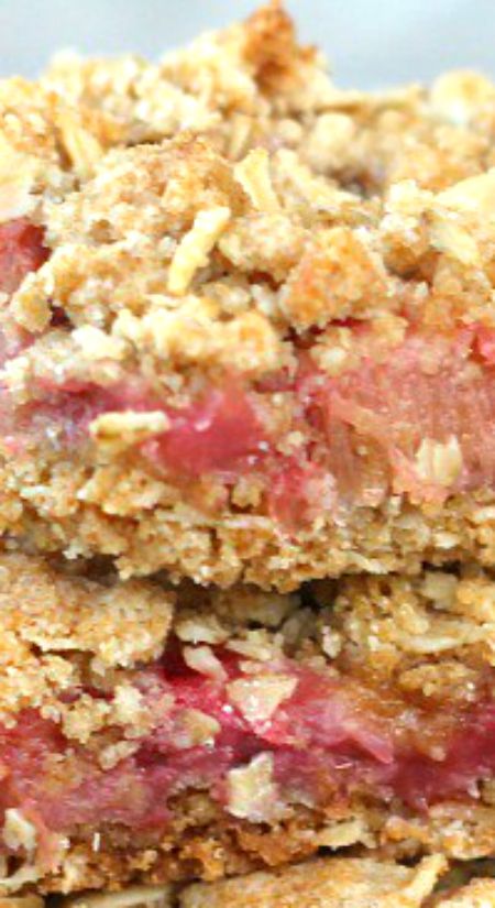 Awesome Strawberry Rhubarb Oatmeal Bars ~ These scrumptious bars won a Pennsylvania State Fair Butter Cookie Contest and it’s no wonder with the mouth-watering sweet and tart flavors of strawberry and rhubarb pie flavor baked with a yummy oatmeal crust... *Promising you won’t stop at one.* Rhubarb Oatmeal Bars, Rhubarb Bars Recipes, Strawberry Rhubarb Pie Filling, Rhubarb Oatmeal, Rhubarb Bars, Rhubarb Desserts, Dessert Aux Fruits, Oatmeal Bars, Rhubarb Recipes