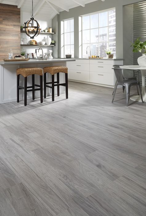 Wooden Flooring Ideas, Grey Wood Floors Living Room, Light Grey Wood Floors, Lantai Vinil, Gray Wood Tile Flooring, Gray Flooring, Grey Painted Kitchen, Grey Wood Tile, Grey Laminate Flooring