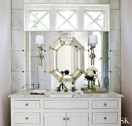 Chic feminine bathroom by Suzanne Kasler Sconces Mounted On Mirror, Narrow Window, Feminine Bathroom, Master Bath Design, White Marble Floor, Elegant Bath, Antique Flooring, Harrison Design, Sophisticated Bathroom